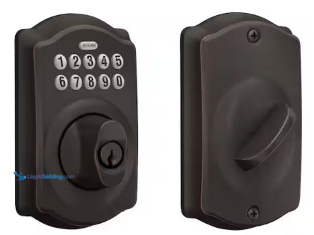 Lot 49-2022779 - Schlage Camelot Aged Bronze Electronic Keypad Deadbolt, Model # BE365 V CAM 716, MSRP $129, Unused, ...