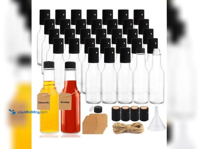 Lot 49-3432538 - 35 Pack 5oz Hot Sauce Bottles, Clear Glass Woozy Bottles with Leak Proof Black Screw Caps, Dripper I...