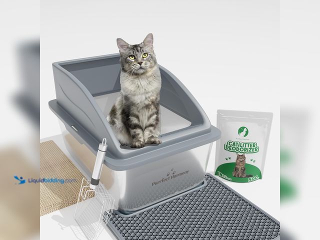 Lot 49-5413817 - Purrfect Harmony Extra Large Stainless Steel Cat Litter Box with Lid, Scoop, Mat, Deodorizer & Bonus...