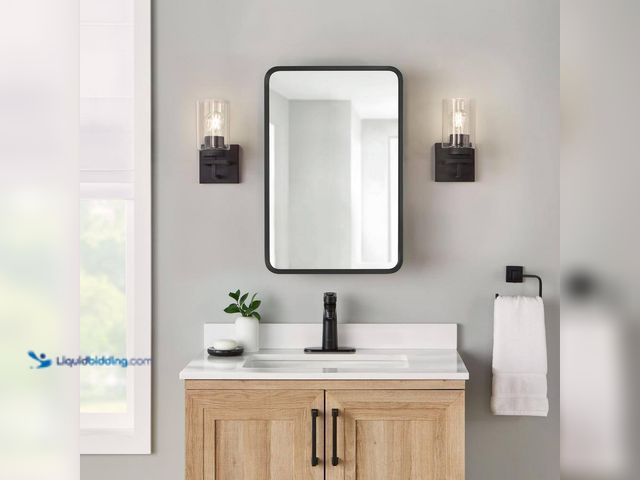 Lot 49-5408572 - Glacier Bay 16 in. W x 24 in. H Rounded Corner Rectangular Matte Black Medicine Cabinet with Mirror....