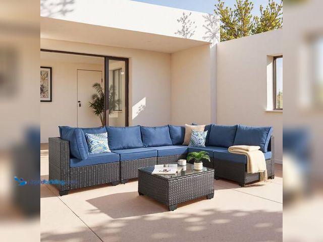Lot 49-5443289 - Tranquillity 7-Pieces Wicker Patio Conversation Seating Sofa Set with Dark Blue Cushion. Model # Z71...
