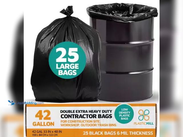 Lot 49-1549352 - PlasticMill 33 in. W x 48 in. H. 42 Gal. 6 mil Black Contractor Bags (25-Count), Model # PM-3348-6-B...