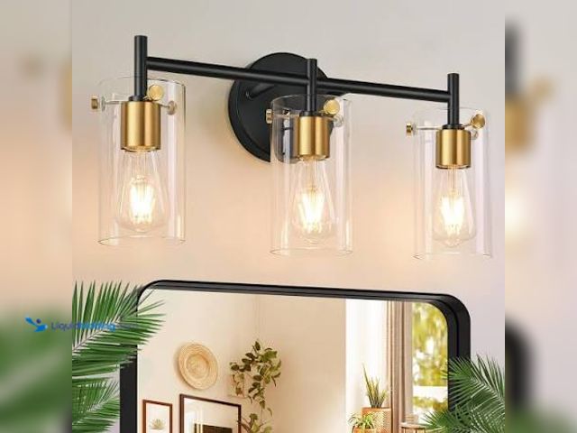 Lot 49-5545404 - 3 Light Black and Gold Fixture with Clear Glass Shade (Black and Gold) Unused with hardware