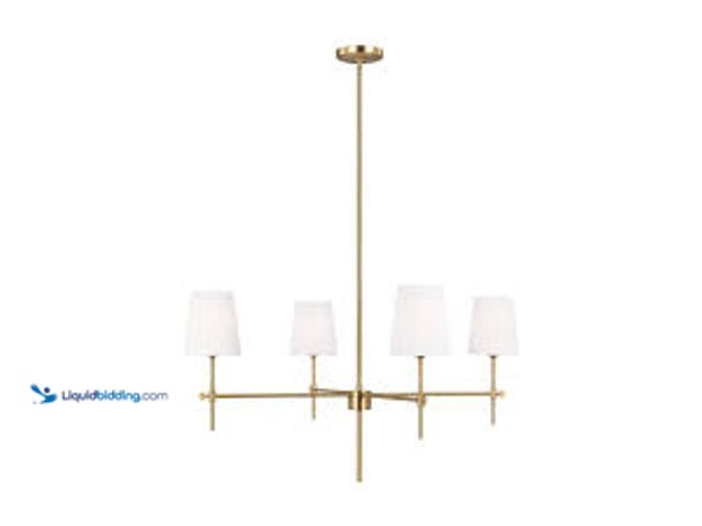 Lot 49-5448905 - Generation Lighting Baker 4-Light Satin Brass Hanging Chandelier With White Linen Fabric Shades. Mod...
