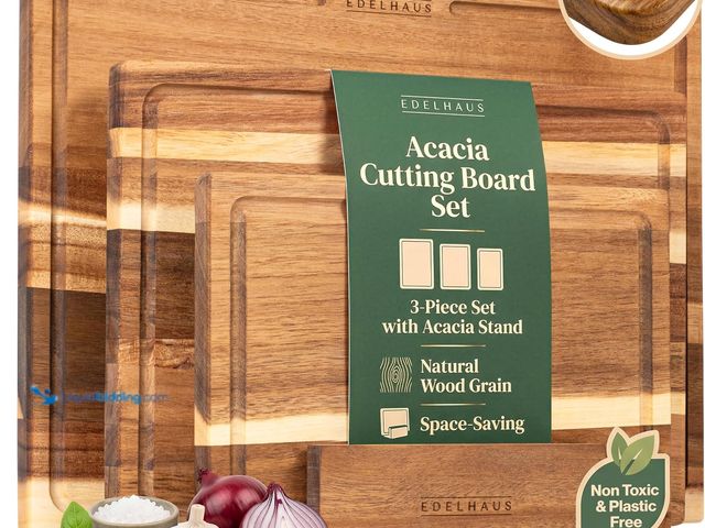 Lot 49-5546144 - EDELHAUS Acacia Wood Cutting Board Set of 3 with Anti-Slip Silicone Feet | Single-sided acacia board...