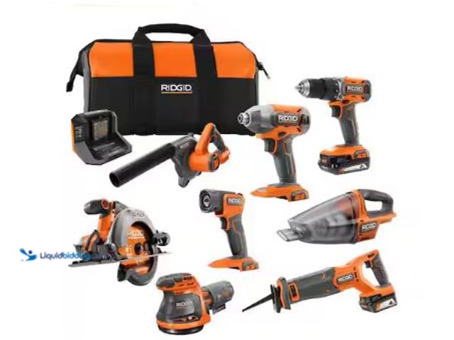 Lot 49-1569646 - RIDGID 18V Cordless 8-Tool Combo Kit with 2.0 Ah Battery, 4.0 Ah Battery, Charger, and Tool Bag, Mod...