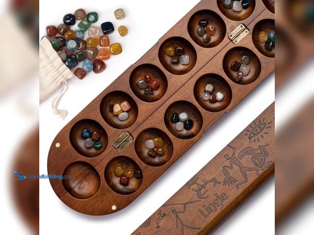 Lot 49-3527390 - Deluxe Mancala Set: Real Wood Hinged Board with 48 Natural Multicolor Stones - Authentic African Pet...