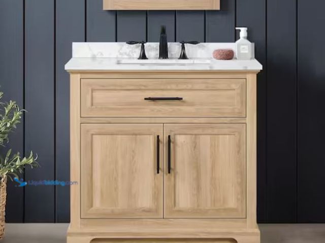 Lot 49-1548646 - Home Decorators Collection Doveton 36 in. Single Sink Freestanding Weathered Tan Bath Vanity with Wh...