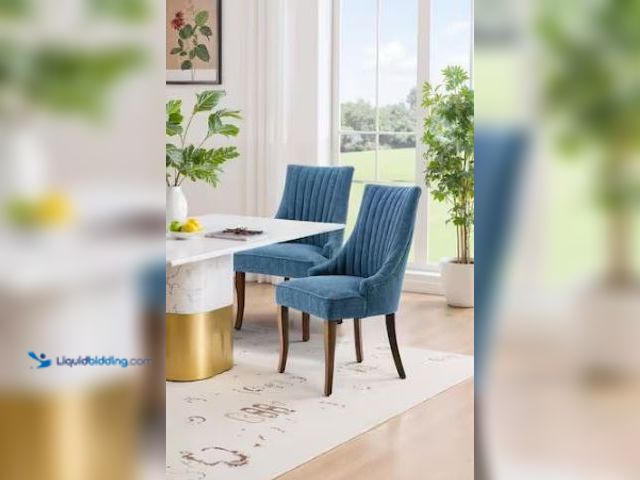 Lot 49-1569279 - WONDER COMFORT Chic Blue Linen Channel Tufted Back Dining Chairs Set of 2 with Curved Solid Wood Leg...