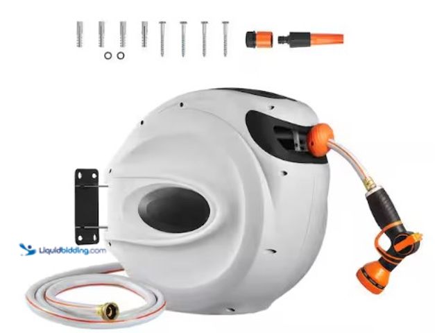 Lot 49-3618590 - SVOPES 1/2 in. Dia x 100 ft. Retractable Garden Hose Reel, Wall-Mounted, 180° Swivel Bracket, 9-Patt...