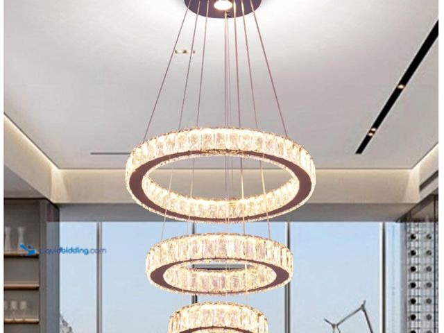 Lot 49-1575691 - Finktonglan 3-Ring Crystal LED Chandelier, Dimmable 3000–6500K, Remote/App, Adjustable Height, 52W I...