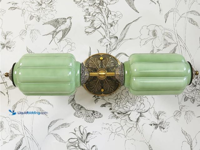 Lot 49-3481700 - Vintage Milk Glass Bathroom Vanity Light - 2-Light Wall Sconce with Brass Finish Base & Green Glass ...