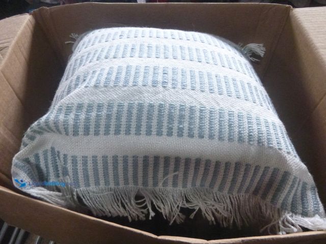 Lot 49-1518023 - Lot of 5 Ox Bay Eva 20" x 20" Blue/Ivory Striped Polyester Adult Decorative Throw Pillow Model #2427...