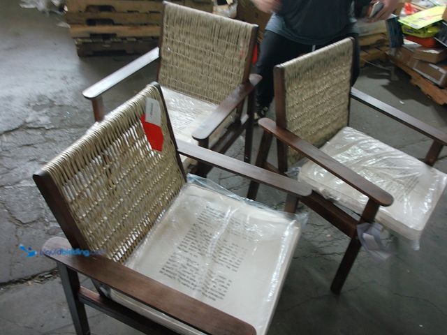 Lot 49-1627464 - 7 Piece Patio Dining Set With Wooden Table and 6 Stationary Wood/Wicker Dining Chairs With Beige Cus...