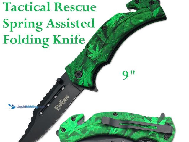 Lot 49-3435071 - Tactical Rescue Spring Assisted Folding Knife 9" Sweet Leaf Green - NEW - The blade on this knife is...