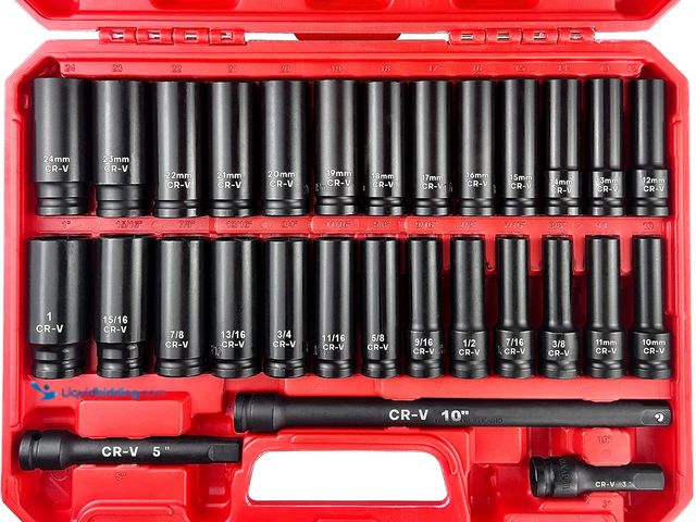 Lot 49-5437367 - 29pcs 1/2" Socket Set, Drive Deep Impact Socket Set, Including 3 ", 5", 10" Impact Extension Bar, St...