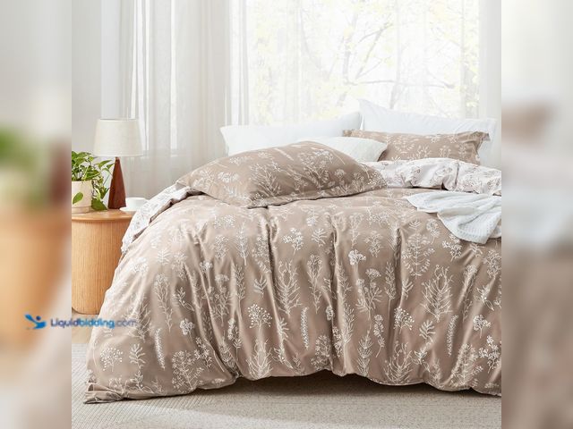 Lot 49-5453675 - Bedsure Queen Comforter Set - Light Taupe Bed Set, 3 Pieces Cute Floral Bedding, 1 Soft Reversible B...