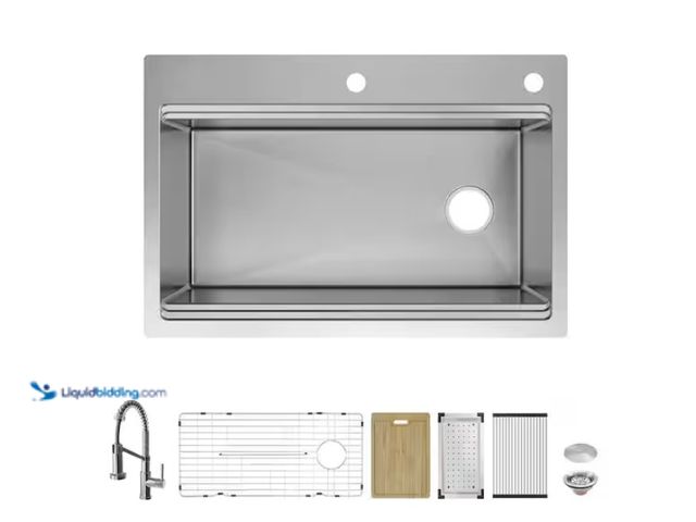 Lot 49-1575435 - Glacier Bay Dolan court Tight Radius 33 in. Drop-In Single Bowl 18G Stainless Steel Workstation Kitc...