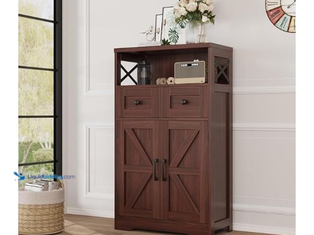 Lot 49-1555649 - Dark Brown Storage Cabinet with Drawers and Shelves, Standing Kitchen Pantry Cabinet, Floor Storage ...
