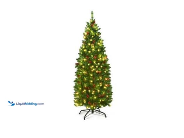 Lot 49-1544858 - Costway 4.5Ft Pre-lit Hinged Pencil Christmas Tree w/Pine Cones Red Berries & 150 Lights, Model # 37...