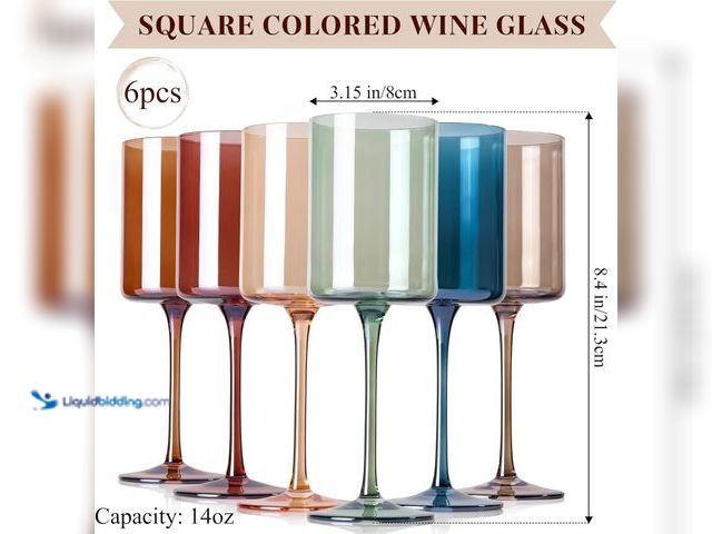 Lot 49-5488301 - Colored Square Wine Glasses Set of 6, 14oz【Hand Blown】 Colorful Crystal Wine Glasses with Stem - Uni...