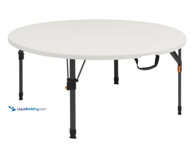 Lot 49-2005497 - HDX 4 ft. Round White Resin Top Height Adjustable Folding Utility Table, Seats 4, Model # THD-4F2245...
