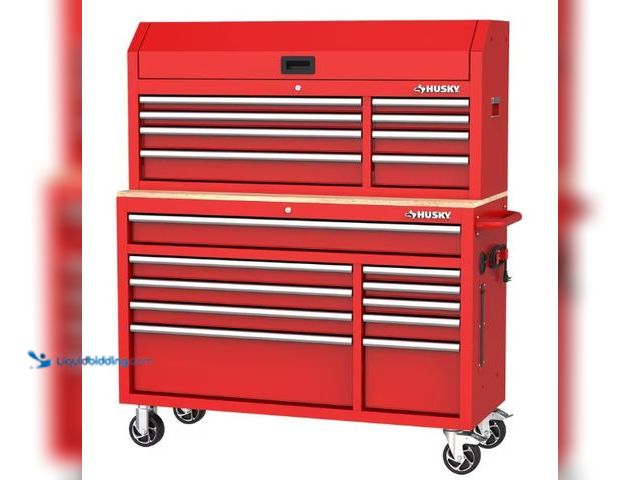 Lot 49-1515842 - Husky Modular Tool Storage 52 in. W Standard Duty Red Mobile Workbench Cabinet with 8-Drawer Top Too...