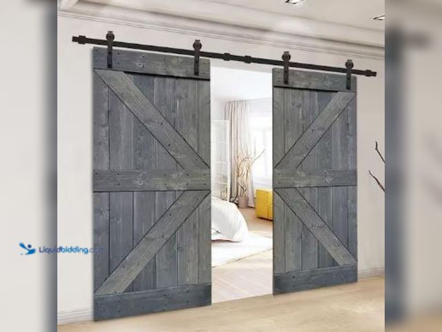 Lot 49-1517374 - 72 in. x 84 in. Gray Stained Solid Knotty Pine Wood Double Interior Sliding Barn Doors No hardware o...