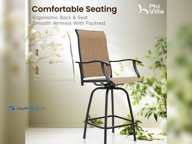 Lot 49-5543144 - Padded Swivel Metal Outdoor Bar Stool with Arms. Used slightly.