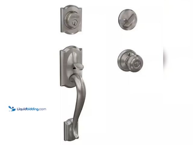 Lot 49-1569061 - Schlage Camelot Satin Nickel Single Cylinder Door Handle set with Georgian Knob, Model # F60V CAM x ...