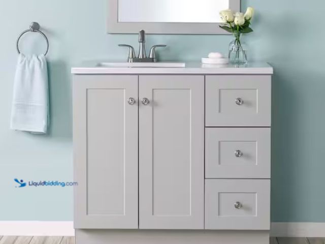 Lot 49-1550515 - Glacier Bay Bannister 37 in. Single Sink Pearl Gray Bath Vanity with Granite-Look Colorpoint White C...