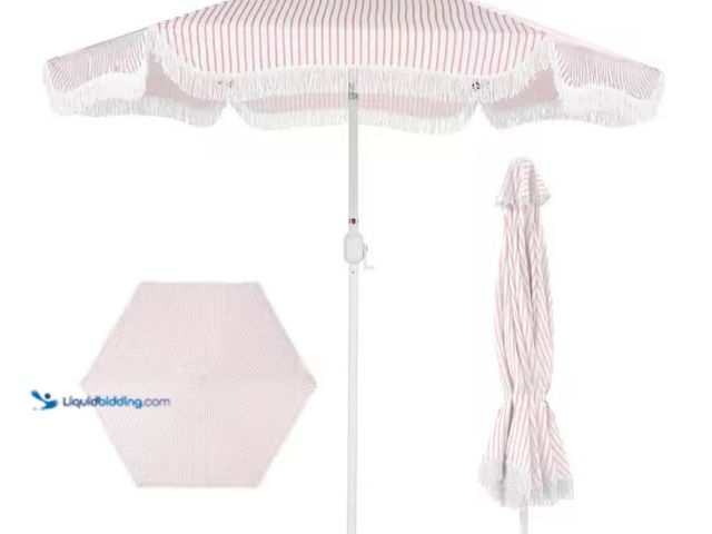 Lot 49-2026117 - Best Choice Products Pink Pinstripe 9 ft. Outdoor Market Patio Umbrella with Fringe, Crank, Tilt, an...