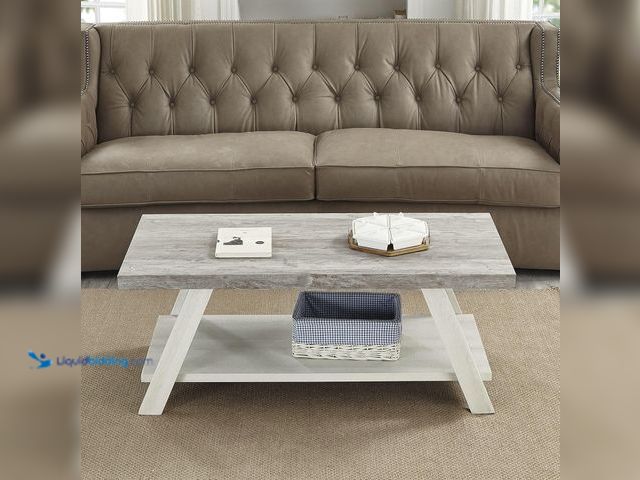 Lot 49-3531316 - Roundhill Furniture Athens Contemporary Wood Shelf Coffee Table, Weathered Gray and Beige. Model #B0...