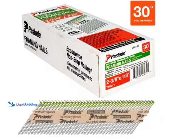 Lot 49-1624497 - Paslode 2-3/8 in. x 0.113 Round Drive 30-Degree Steel Galvanized Ring Shank Paper Tape Framing Nails...