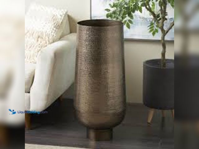 Lot 49-3540357 - Litton Lane Brass Textured Wide Floor Aluminum Metal Geometric Decorative Vase with Elevated Base. M...