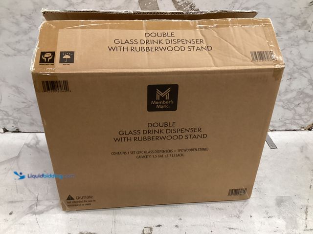 Lot 49-5573143 - Members Mark Double Glass Drink Dispenser with Rubberwood Stand, Factory Sealed