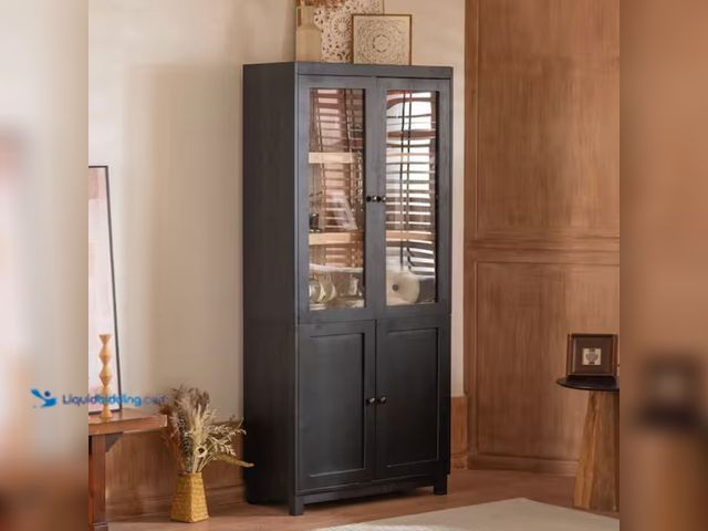 Lot 49-2001137 - Harper & Bright Designs Black 74.5 in. H Storage Display Cabinet with 3 Adjustable Shelves, Glass Do...