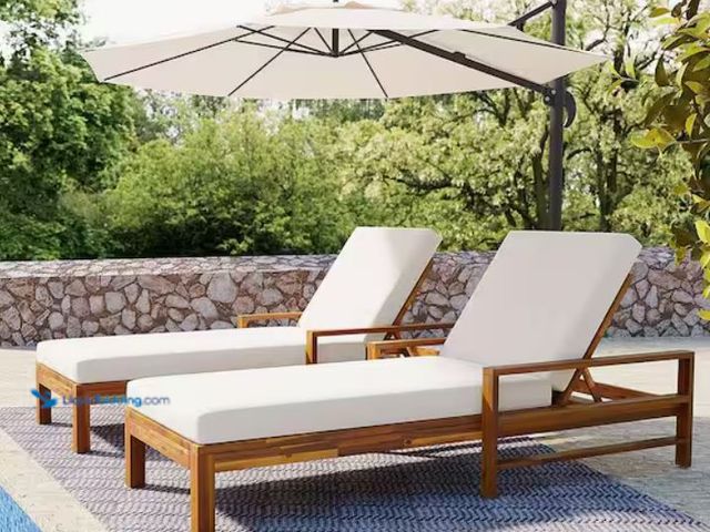 Lot 49-1632136 - Brown 1-Piece Acacia Wood Outdoor Patio Chaise Lounge with Beige Cushions, MSRP $593.06, Model # ZTP...