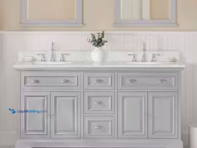 Lot 49-1623692 - Home Decorators Collection Sadie 67 in. Double Sink Gray Bath Vanity with Lightly Veined White Marbl...