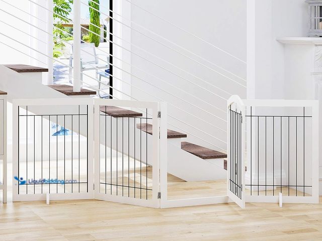 Lot 49-5405727 - SPIRICH 96-inch Extra Wide 30-inches Tall Dog Gate with Door Walk Through, Freestanding Wire Pet Gat...