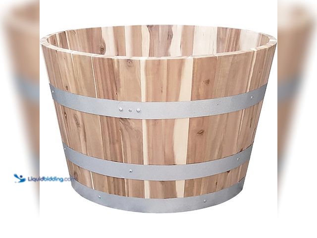 Lot 49-1627310 - Real Wood Products 25 In. Acacia Natural Barrel Planter Model #G3054, Slightly Used, Scuffs and Scra...
