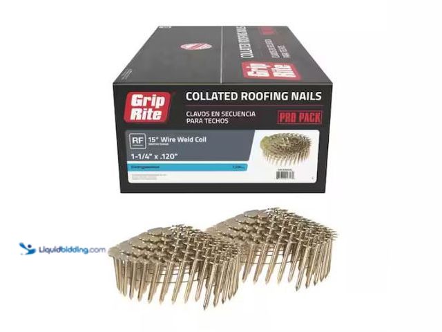 Lot 49-1514979 - Grip-Rite 1-1/4 in. x 0.120-Gauge 15° Smooth Shank Electrogalvanized Wire Collated Coil Roofing Nail...