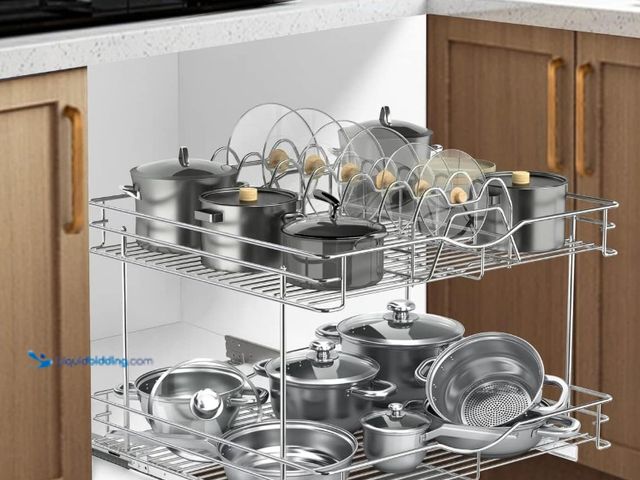 Lot 49-3431441 - FULGENTE Professional Drawer Cabinet Organizer with Lid for Cookware 20"W x 18"D 2-Tier Sliding Kitc...