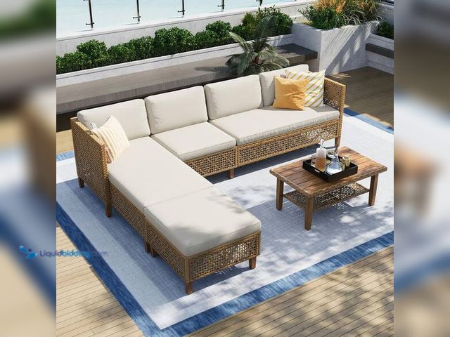 Lot 49-5542706 - Brown 5-Piece Wood Outdoor Wicker Patio Conversation Set with Beige Cushions Unused 2pc box set