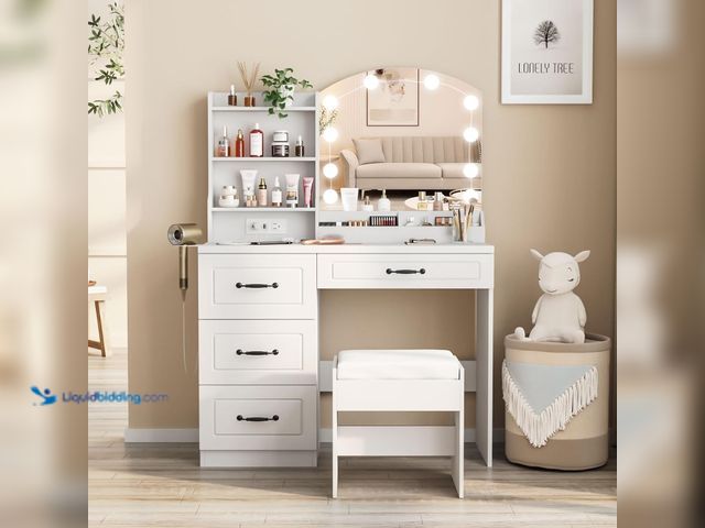 Lot 49-5405735 - Vabches Makeup Vanity Desk with Lights and Charging Station, White Vanity Set Makeup Table with 4 Dr...