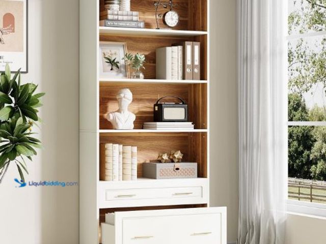 Lot 49-1569557 - Tribesigns 5-Shelf Bookcase with File Cabinet Drawer, 72" Tall Bookshelf, Modern Free-Standing Wood ...