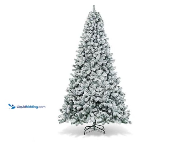 Lot 49-1541864 - Costway - 9ft Snow Flocked Hinged Artificial Christmas Tree Unlit - Green/White, Premium PVC Materia...