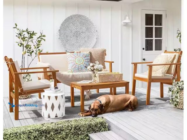 Lot 49-1596083 - Tozey Chillrest 4-Piece Acacia Wood Patio Conversation Set with Cream Cushion, Model # V-LCW220004-B...