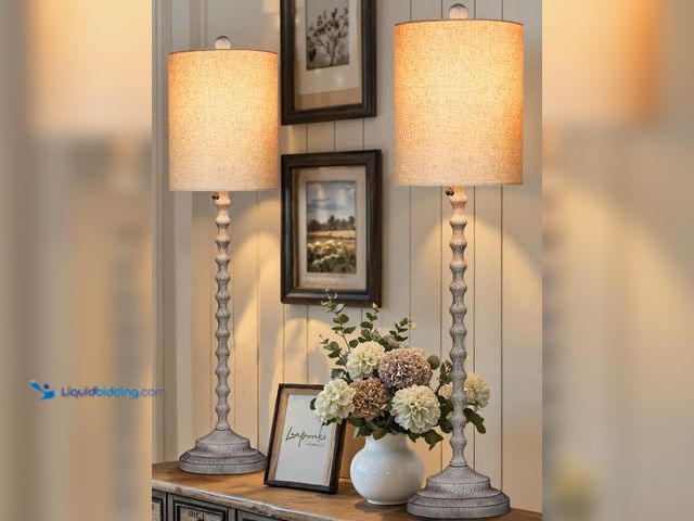 Lot 49-3430443 - Set of (2) Lampworks Rustic Farmhouse Buffet Lamps, 30" Tall Table Lamps with Metal Base & Linen Sha...