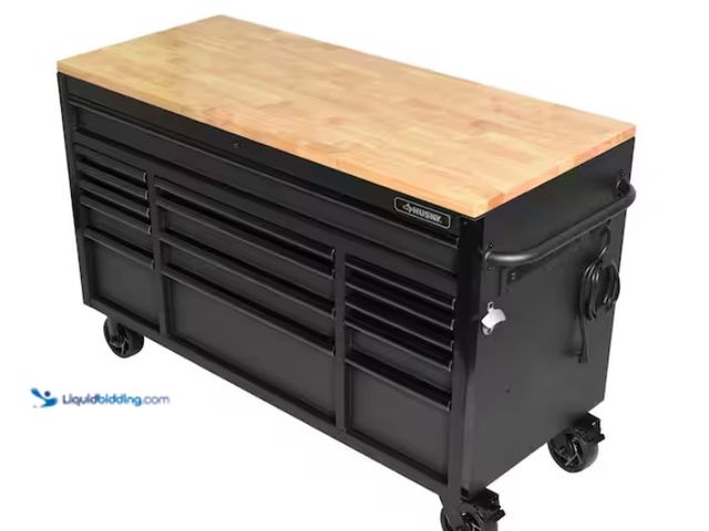Lot 49-1570379 - Husky 61 in. W x 23 in. D Heavy Duty 15-Drawer Mobile Workbench Tool Chest with Solid Wood Top in Ma...